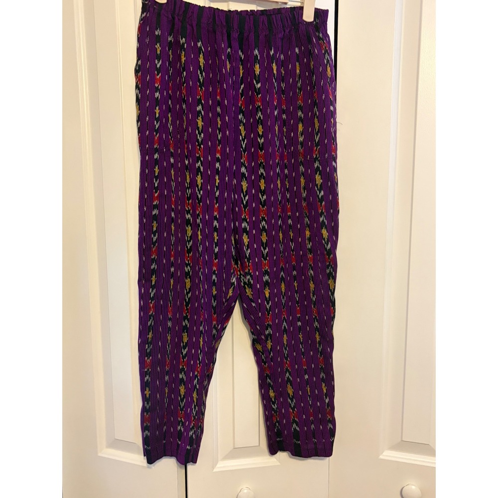 Purple Ikat Print Pants Bohemian Lightweight Elastic Waist Trousers OS - Picture 2 of 5